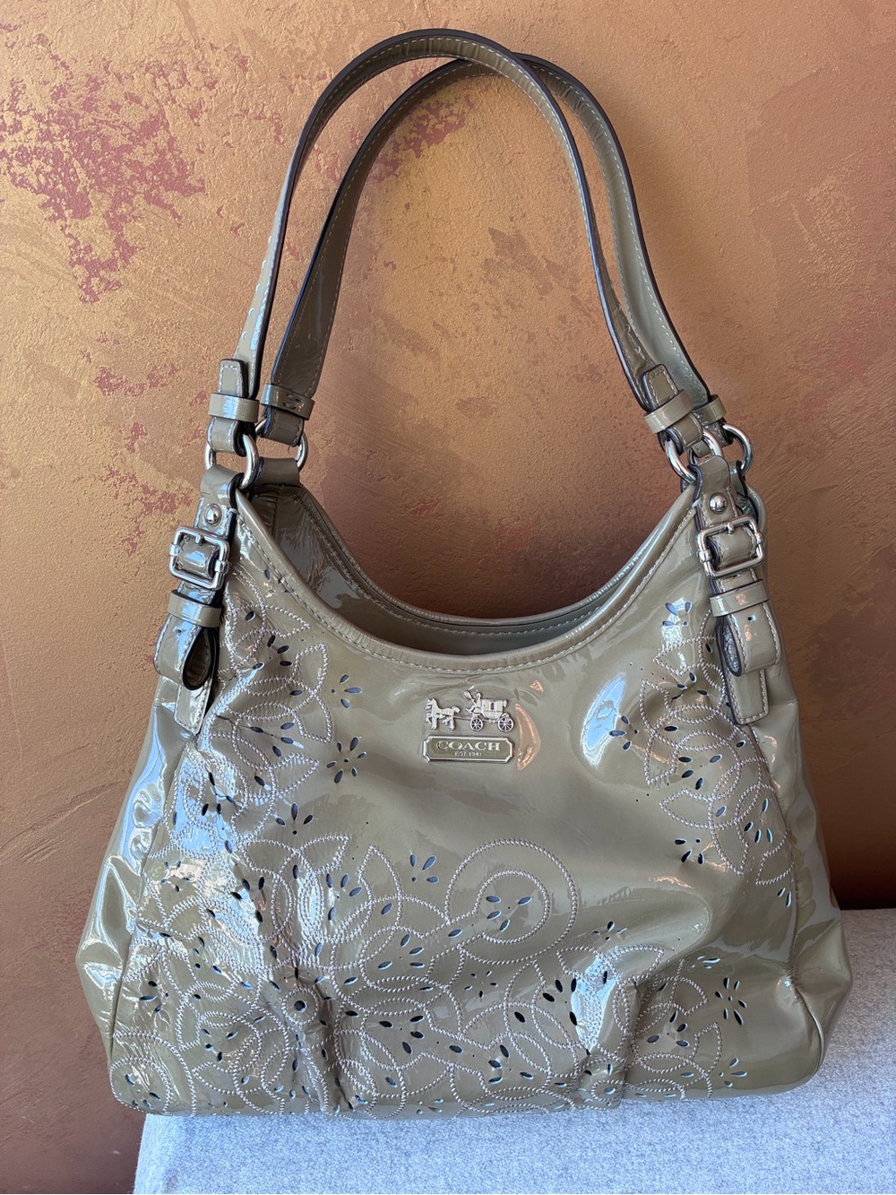 Coach Madison Maggie Taupe Patent Leather Shoulder Bag with Floral Laser-Cut Day